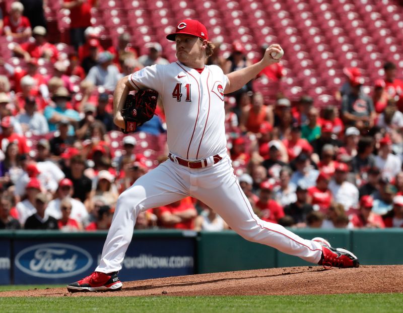 Jun 21, 2023; Cincinnati, Ohio, USA; Cincinnati Reds starting pitcher Andrew Abbott (41) throws against the Colorado Rockies during the first inning at Great American Ball Park. Mandatory Credit: David Kohl-USA TODAY Sports