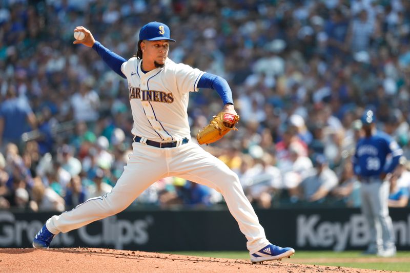 Aug 27, 2023; Seattle, Washington, USA; Seattle Mariners starting pitcher Luis Castillo (58) throws against the Kansas City Royals during the second inning at T-Mobile Park. Mandatory Credit: Joe Nicholson-USA TODAY Sports