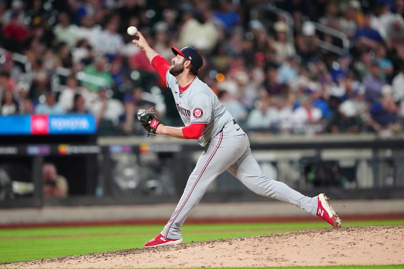 Jul 10, 2024; New York City, New York, USA; Washington Nationals pitcher Dylan Floro (44) delivers a pitch against the New York Mets during the seventh inning at Citi Field. Mandatory Credit: Gregory Fisher-USA TODAY Sports