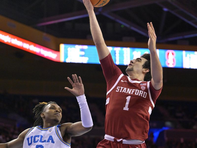 Feb 16, 2023; Los Angeles, California, USA; Stanford Cardinal guard Isa Silva (1) drives past UCLA Bruins guard Dylan Andrews (2) in the first half at Pauley Pavilion presented by Wescom. Mandatory Credit: Jayne Kamin-Oncea-USA TODAY Sports