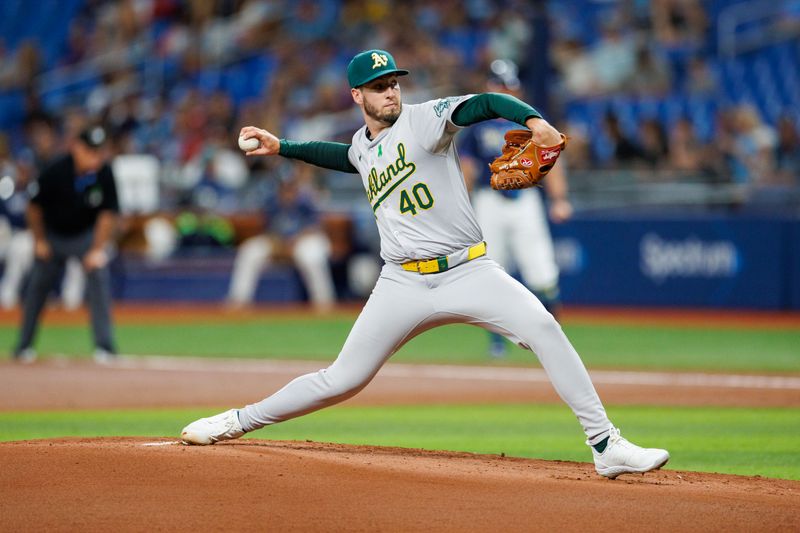 May 28, 2024; St. Petersburg, Florida, USA;  Oakland Athletics pitcher Mitch Spence (40) throws a pitch against the Tampa Bay Rays in the first inning at Tropicana Field. Mandatory Credit: Nathan Ray Seebeck-USA TODAY Sports