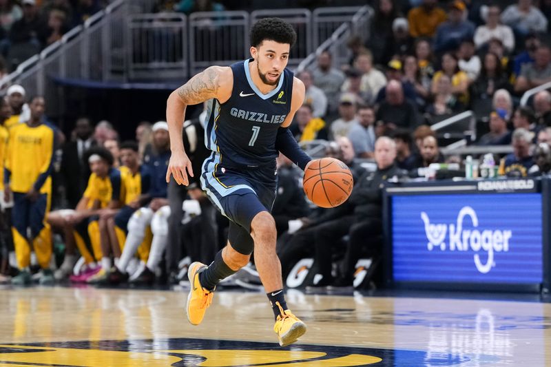 INDIANAPOLIS, INDIANA - OCTOBER 14: Scotty Pippen Jr. #1 of the Memphis Grizzlies dribbles the ball in the third quarter against the Indiana Pacers during a preseason game at Gainbridge Fieldhouse on October 14, 2024 in Indianapolis, Indiana. NOTE TO USER: User expressly acknowledges and agrees that, by downloading and or using this photograph, User is consenting to the terms and conditions of the Getty Images License Agreement. (Photo by Dylan Buell/Getty Images)