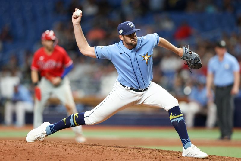 Jul 6, 2023; St. Petersburg, Florida, USA;  Tampa Bay Rays relief pitcher Ryan Thompson (81) throws a pitch against the Philadelphia Phillies in the eleventh inning at Tropicana Field. Mandatory Credit: Nathan Ray Seebeck-USA TODAY Sports