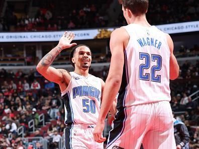 CHICAGO, IL - NOVEMBER 17:  Cole Anthony #50 celebrates with Franz Wagner #22 of the Orlando Magic during the In-Season Tournament game against the Chicago Bulls on November 17, 2023 at United Center in Chicago, Illinois. NOTE TO USER: User expressly acknowledges and agrees that, by downloading and or using this photograph, User is consenting to the terms and conditions of the Getty Images License Agreement. Mandatory Copyright Notice: Copyright 2023 NBAE (Photo by Jeff Haynes/NBAE via Getty Images)