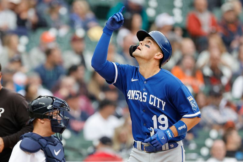 Sep 28, 2023; Detroit, Michigan, USA; Kansas City Royals second baseman Michael Massey (19) celebrates after he hit a two run home run in the third inning against the Detroit Tigers at Comerica Park. Mandatory Credit: Rick Osentoski-USA TODAY Sports