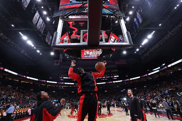 TORONTO, ON- NOVEMBER 15  - Toronto Raptors forward Scottie Barnes (4) shouts as Toronto Raptors forward Pascal Siakam (43) dunks to start warm-ups as the Toronto Raptors fall to the Milwaukee Bucks 128-112 at Scotiabank Arena in Toronto. November 15, 2023.        (Steve Russell/Toronto Star via Getty Images)