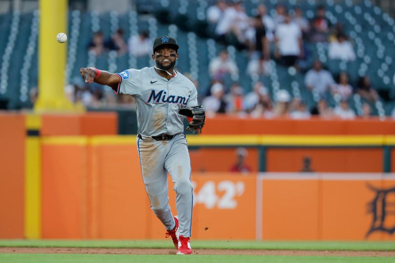 May 13, 2024; Detroit, Michigan, USA;  Miami Marlins third base Vidal Bruján (17) makes a throw to first in the sixth inning against the Detroit Tigers at Comerica Park. Mandatory Credit: Rick Osentoski-USA TODAY Sports