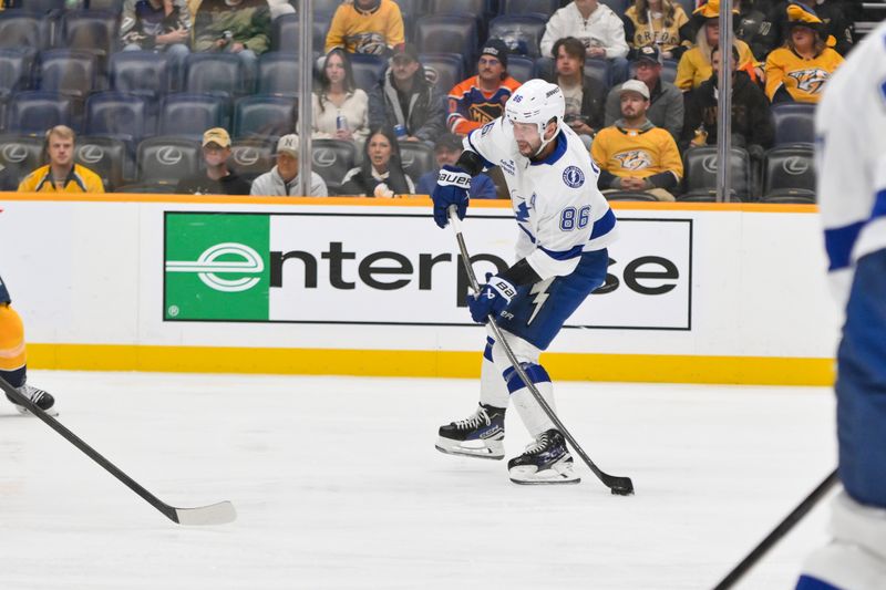 Oct 28, 2025; Nashville, Tennessee, USA; Tampa Bay Lightning right wing Nikita Kucherov (86) takes a shot on goal against the Nashville Predators during the first period at Bridgestone Arena. Mandatory Credit: Steve Roberts-Imagn Images Oct 28, 2025; Nashville, Tennessee, USA; Tampa Bay Lightning right wing Nikita Kucherov (86) takes a shot on goal against the Nashville Predators during the first period at Bridgestone Arena. Mandatory Credit: Steve Roberts-Imagn Images