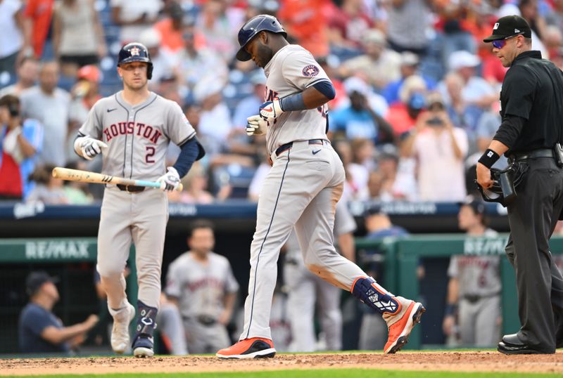 Aug 28, 2024; Philadelphia, Pennsylvania, USA; Houston Astros outfielder Yordan Alvarez (44) rounds the bases after hitting a home run against the Philadelphia Phillies in the eighth inning at Citizens Bank Park. Mandatory Credit: Kyle Ross-USA TODAY Sports