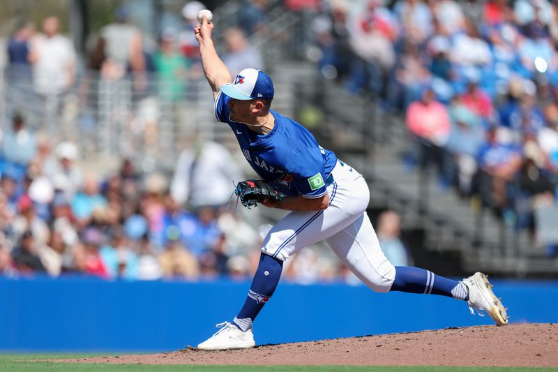 Mar 6, 2025; Dunedin, Florida, USA; Toronto Blue Jays pitcher Kevin Gowdy (63) throws a pitch against the Boston Red Sox in the third inning during spring training at TD Ballpark. Mandatory Credit: Nathan Ray Seebeck-Imagn Images