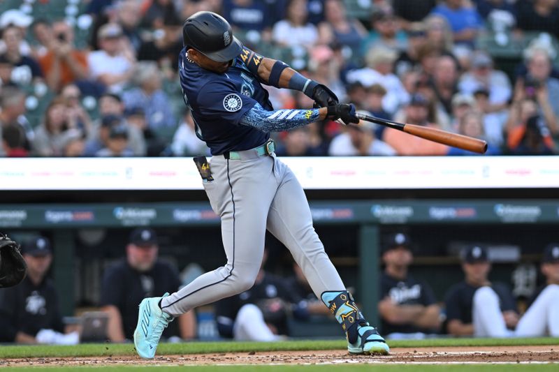 Aug 13, 2024; Detroit, Michigan, USA;  Seattle Mariners designated hitter Julio Rodríguez (44) hits a double against the Detroit Tigers in the second inning at Comerica Park. Mandatory Credit: Lon Horwedel-USA TODAY Sports