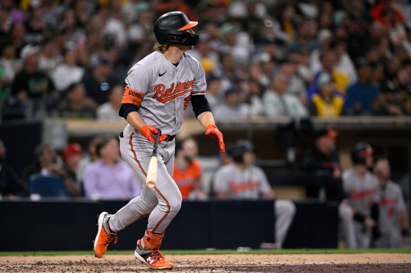 Aug 14, 2023; San Diego, California, USA; Baltimore Orioles shortstop Gunnar Henderson (2) hits a three-RBI double against the San Diego Padres during the fifth inning at Petco Park. Mandatory Credit: Orlando Ramirez-USA TODAY Sports