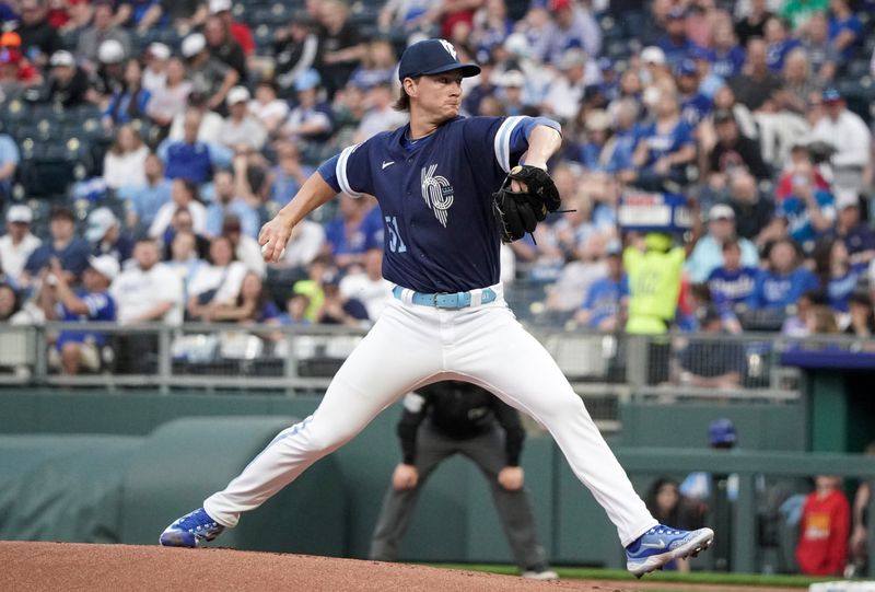 Apr 14, 2023; Kansas City, Missouri, USA; Kansas City Royals starting pitcher Brady Singer (51) delivers a pitch against the Atlanta Braves in the first inning at Kauffman Stadium. Mandatory Credit: Denny Medley-USA TODAY Sports