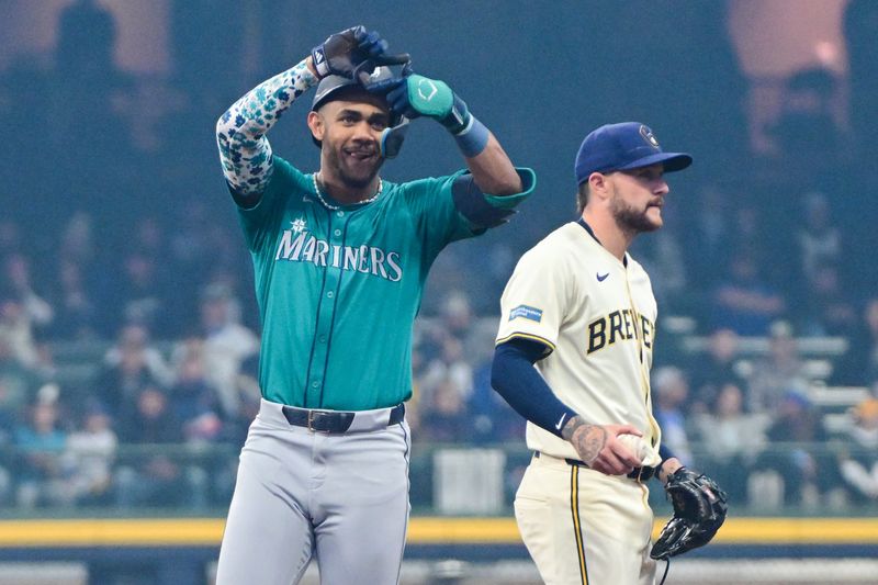 Apr 7, 2024; Milwaukee, Wisconsin, USA; Seattle Mariners center fielder Julio Rodriguez (44) reacts after hitting a single in the first inning against the Milwaukee Brewers at American Family Field. Mandatory Credit: Benny Sieu-USA TODAY Sports