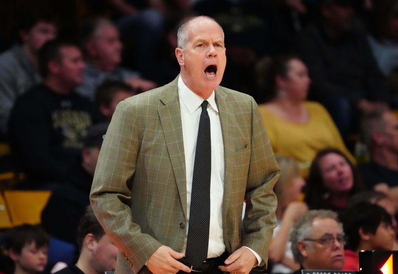 Jan 22, 2023; Boulder, Colorado, USA; Colorado Buffaloes head coach Tad Boyle calls out in the first half against the Washington State Cougars at the CU Events Center. Mandatory Credit: Ron Chenoy-USA TODAY Sports