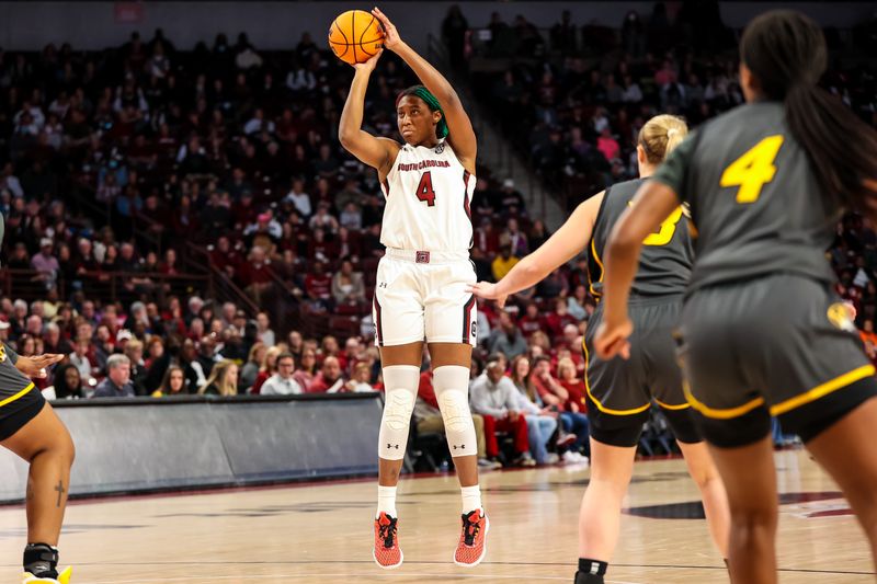 Jan 15, 2023; Columbia, South Carolina, USA; South Carolina Gamecocks forward Aliyah Boston (4) shoots against the Missouri Tigers in the first half at Colonial Life Arena. Mandatory Credit: Jeff Blake-USA TODAY Sports