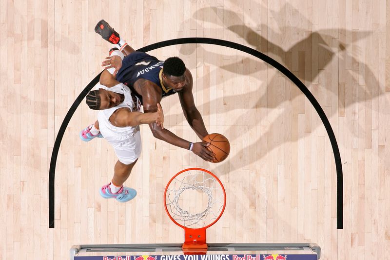 NEW ORLEANS, LA - MARCH 13: Zion Williamson #1 of the New Orleans Pelicans drives to the basket during the game against the Cleveland Cavaliers on March 13, 2024 at the Smoothie King Center in New Orleans, Louisiana. NOTE TO USER: User expressly acknowledges and agrees that, by downloading and or using this Photograph, user is consenting to the terms and conditions of the Getty Images License Agreement. Mandatory Copyright Notice: Copyright 2024 NBAE (Photo by Layne Murdoch Jr./NBAE via Getty Images)