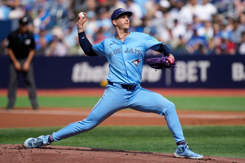 Aug 24, 2024; Toronto, Ontario, CAN; Toronto Blue Jays starting pitcher Bowden Francis (44) pitches to the Los Angeles Angels during the  first inning at Rogers Centre. Mandatory Credit: John E. Sokolowski-USA TODAY Sports