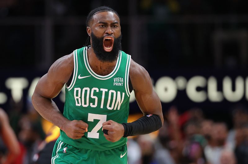 ATLANTA, GEORGIA - MARCH 28:  Jaylen Brown #7 of the Boston Celtics reacts after scoring a go-ahead basket in the final seconds against the Atlanta Hawks during overtime at State Farm Arena on March 28, 2024 in Atlanta, Georgia.  NOTE TO USER: User expressly acknowledges and agrees that, by downloading and/or using this photograph, user is consenting to the terms and conditions of the Getty Images License Agreement.  (Photo by Kevin C. Cox/Getty Images)