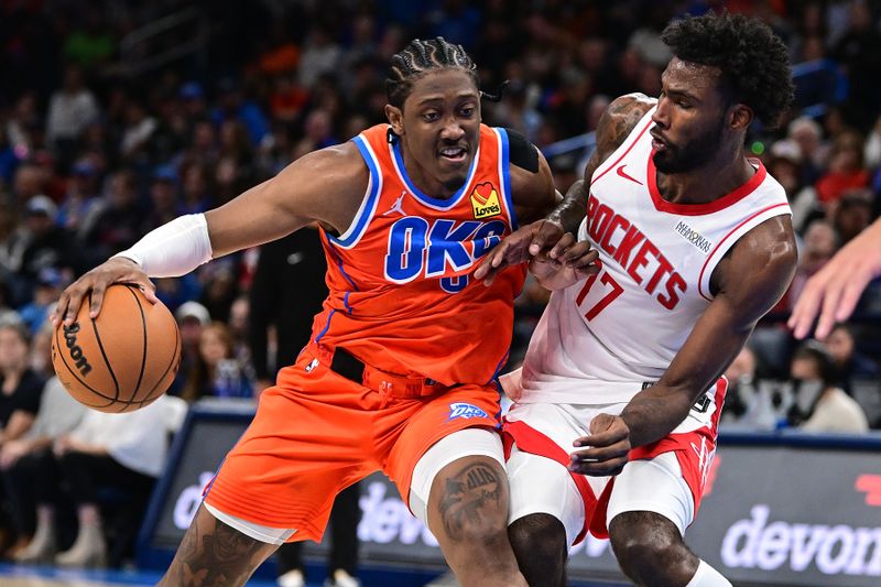 OKLAHOMA CITY, OKLAHOMA - NOVEMBER 8: Jalen Williams #8 of the Oklahoma City Thunder attempts to dribble the ball past Tari Eason #17 of the Houston Rockets during the second half at Paycom Center on November 8, 2024 in Oklahoma City, Oklahoma. NOTE TO USER: User expressly acknowledges and agrees that, by downloading and or using this photograph, User is consenting to the terms and conditions of the Getty Images License Agreement. (Photo by Joshua Gateley/Getty Images)