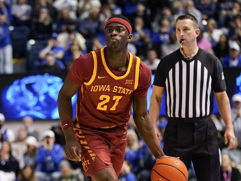 Feb 21, 2026; Provo, Utah, USA; Iowa State Cyclones guard Killyan Toure (27) dribbles the ball during the second half against the BYU Cougars at Marriott Center. Mandatory Credit: Aaron Baker-Imagn Images