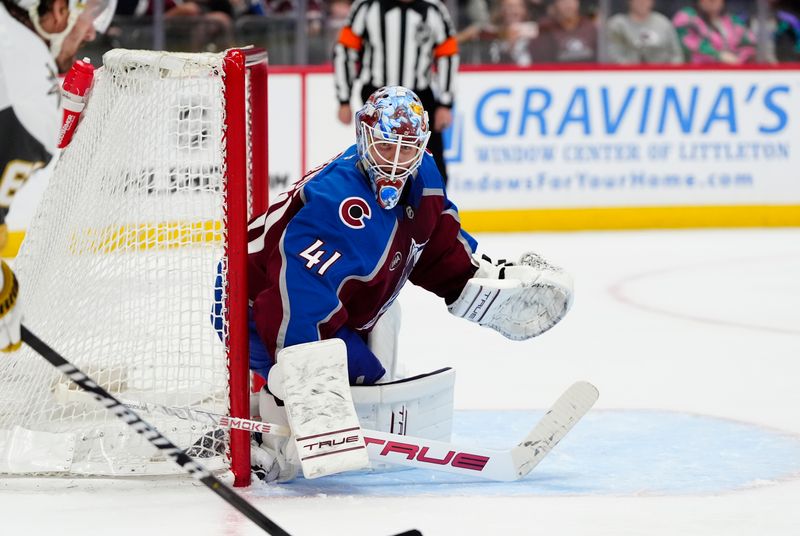 Apr 8, 2025; Denver, Colorado, USA; Colorado Avalanche goaltender Scott Wedgewood (41) defends the net in the third period against the Vegas Golden Knights at Ball Arena. Mandatory Credit: Ron Chenoy-Imagn Images