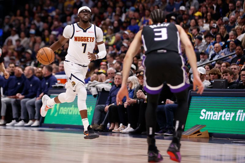 DENVER, COLORADO - FEBRUARY 28: Reggie Jackson #7 of the Denver Nuggets dribbles down the court during the game against the Sacramento Kings at Ball Arena on February 28, 2024 in Denver, Colorado. NOTE TO USER: User expressly acknowledges and agrees that, by downloading and or using this photograph, User is consenting to the terms and conditions of the Getty Images License Agreement. (Photo by Brendall O'Banon/Clarkson Creative/Getty Images)