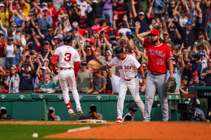 Jun 4, 2025; Boston, Massachusetts, USA; Boston Red Sox outfielder Ceddanne Rafaela (3) hits a game winning home run against the Los Angeles Angels in the ninth inning at Fenway Park. Mandatory Credit: David Butler II-Imagn Images