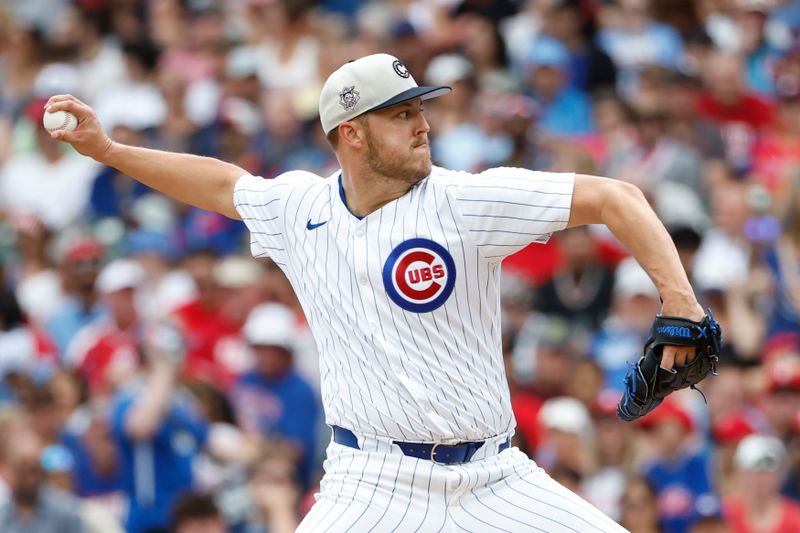 Jul 4, 2024; Chicago, Illinois, USA; Chicago Cubs starting pitcher Jameson Taillon (50) delivers a pitch against the Philadelphia Phillies during the second inning at Wrigley Field. Mandatory Credit: Kamil Krzaczynski-USA TODAY Sports