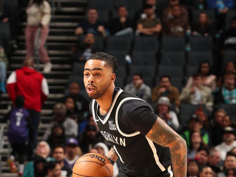 CHARLOTTE, NC - JANUARY 29: D'Angelo Russell #1 of the Brooklyn Nets dribbles the ball during the game against the Charlotte Hornets  on January 29, 2025 at Spectrum Center in Charlotte, North Carolina. NOTE TO USER: User expressly acknowledges and agrees that, by downloading and or using this photograph, User is consenting to the terms and conditions of the Getty Images License Agreement. Mandatory Copyright Notice: Copyright 2025 NBAE (Photo by Kent Smith/NBAE via Getty Images)