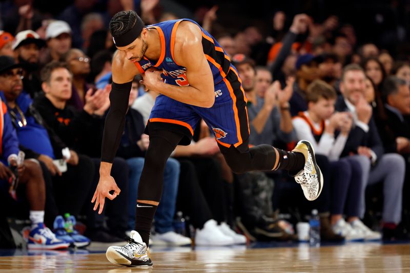 NEW YORK, NEW YORK - JANUARY 20: Josh Hart #3 of the New York Knicks reacts after making a three-point basket during the second half against the Toronto Raptors at Madison Square Garden on January 20, 2024 in New York City. The Knicks won 126-120. NOTE TO USER: User expressly acknowledges and agrees that, by downloading and/or using this Photograph, user is consenting to the terms and conditions of the Getty Images License Agreement. (Photo by Sarah Stier/Getty Images)