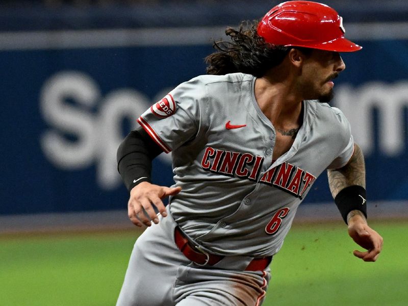 Jul 26, 2024; St. Petersburg, Florida, USA; Cincinnati Reds second baseman Jonathan India (6) rounds third base on the way to scoring a run in the first inning against the Tampa Bay Rays at Tropicana Field. Mandatory Credit: Jonathan Dyer-USA TODAY Sports