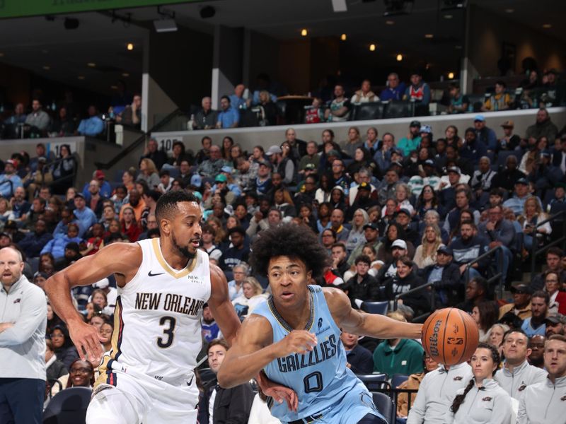 MEMPHIS, TN - NOVEMBER 29: Jaylen Wells #0 of the Memphis Grizzlies handles the ball during the game against the New Orleans Pelicans during the Emirates NBA Cup game on November 29, 2024 at FedExForum in Memphis, Tennessee. NOTE TO USER: User expressly acknowledges and agrees that, by downloading and or using this photograph, User is consenting to the terms and conditions of the Getty Images License Agreement. Mandatory Copyright Notice: Copyright 2024 NBAE (Photo by Joe Murphy/NBAE via Getty Images)