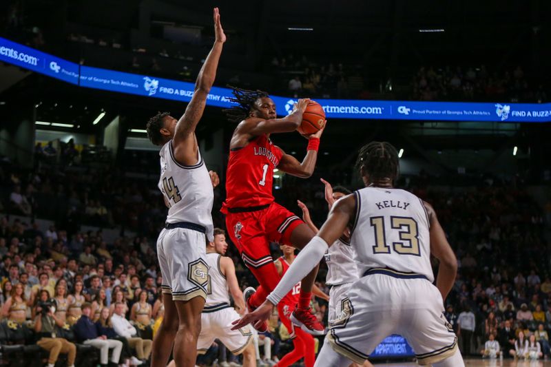 Feb 25, 2023; Atlanta, Georgia, USA; Louisville Cardinals guard Mike James (1) drives on Georgia Tech Yellow Jackets forward Jalon Moore (14) and guard Miles Kelly (13) in the first half at McCamish Pavilion. Mandatory Credit: Brett Davis-USA TODAY Sports