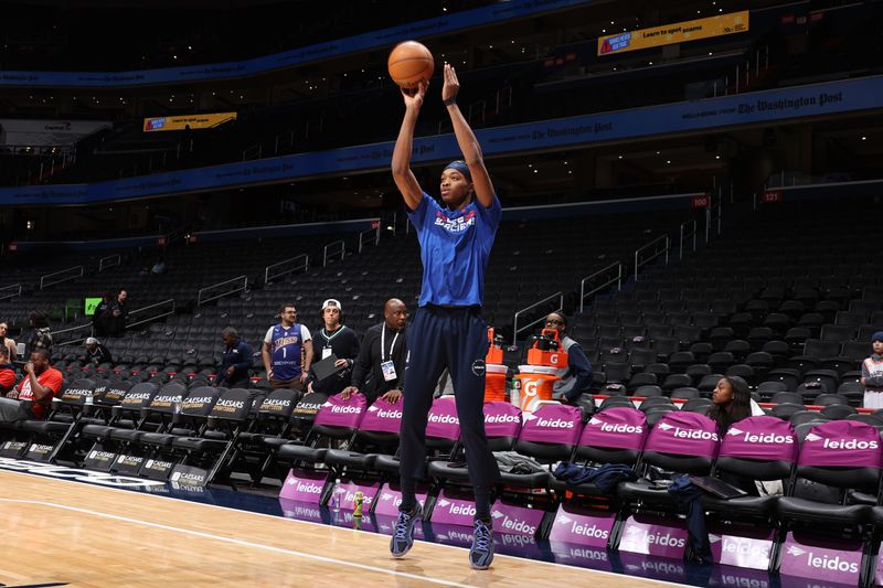 WASHINGTON, DC - FEBRUARY 10:  Bilal Coulibaly #0 of the Washington Wizards warms up before the game against the San Antonio Spurs on February 10, 2025 at Capital One Arena in Washington, DC. NOTE TO USER: User expressly acknowledges and agrees that, by downloading and or using this Photograph, user is consenting to the terms and conditions of the Getty Images License Agreement. Mandatory Copyright Notice: Copyright 2025 NBAE (Photo by Stephen Gosling/NBAE via Getty Images)