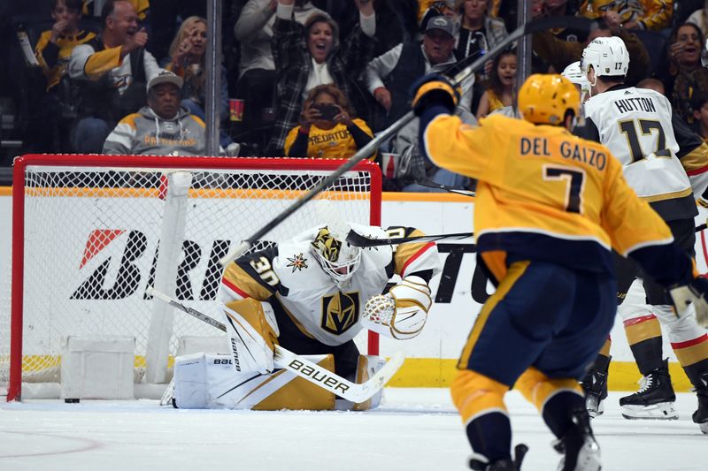 Mar 26, 2024; Nashville, Tennessee, USA; Vegas Golden Knights goaltender Jiri Patera (30) allows a goal to Nashville Predators center Mark Jankowski (not pictured) during the second period at Bridgestone Arena. Mandatory Credit: Christopher Hanewinckel-USA TODAY Sports