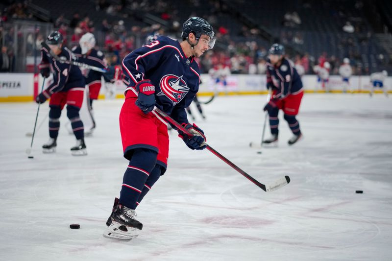 Nov 29, 2023; Columbus, Ohio, USA;  Columbus Blue Jackets left wing Johnny Gaudreau skates during warmups before a game against the Montreal Canadiens at Nationwide Arena. Mandatory Credit: Aaron Doster-USA TODAY Sports