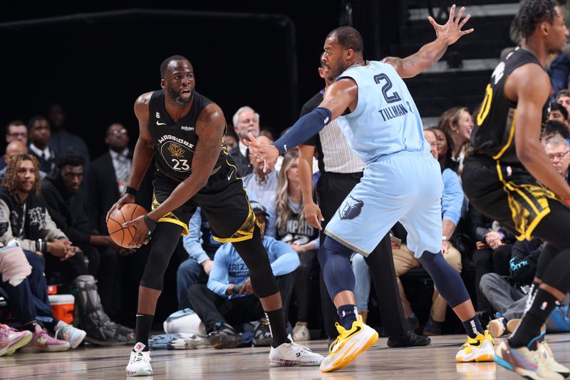 MEMPHIS, TN - MARCH 18: Draymond Green #23 of the Golden State Warriors handles the ball during the game against the Memphis Grizzlies on March 18, 2023 at FedExForum in Memphis, Tennessee. NOTE TO USER: User expressly acknowledges and agrees that, by downloading and or using this photograph, User is consenting to the terms and conditions of the Getty Images License Agreement. Mandatory Copyright Notice: Copyright 2023 NBAE (Photo by Joe Murphy/NBAE via Getty Images)