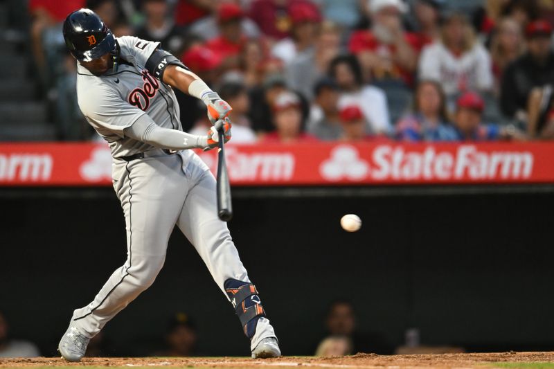 Jun 29, 2024; Anaheim, California, USA; Detroit Tigers major league coach Gary Jones (44) singles against the Los Angeles Angels during the fourth inning at Angel Stadium. Mandatory Credit: Jonathan Hui-USA TODAY Sports