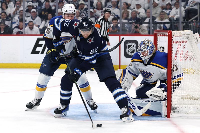 Apr 21, 2025; Winnipeg, Manitoba, CAN; Winnipeg Jets right wing Nino Niederreiter (62) lines up a shot on St. Louis Blues goaltender Jordan Binnington (50) in the second period in game two of the first round of the 2025 Stanley Cup Playoffs at Canada Life Centre. Mandatory Credit: James Carey Lauder-Imagn Images