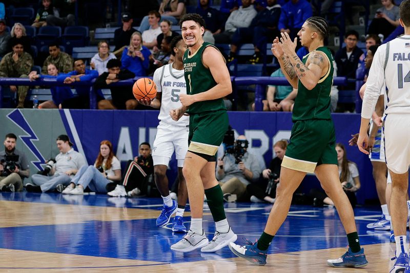 Mar 9, 2024; Colorado Springs, Colorado, USA; Colorado State Rams forward Joel Scott (1) reacts with guard Nique Clifford (10) after a play in the second half against the Air Force Falcons at Clune Arena. Mandatory Credit: Isaiah J. Downing-USA TODAY Sports