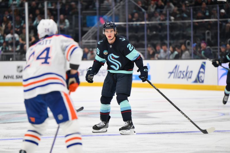 Oct 2, 2024; Seattle, Washington, USA; Seattle Kraken center Ryan Winterton (26) during the third period against the Edmonton Oilers at Climate Pledge Arena. Mandatory Credit: Steven Bisig-Imagn Images