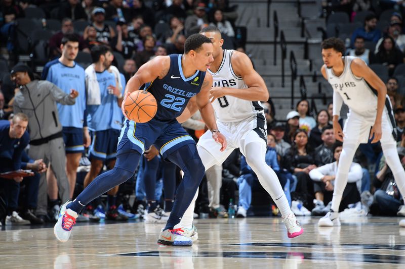 SAN ANTONIO, TX - JANUARY 17: Desmond Bane #22 of the Memphis Grizzlies handles the ball during the game against the San Antonio Spurs on January 17, 2025 at the Frost Bank Center in San Antonio, Texas. NOTE TO USER: User expressly acknowledges and agrees that, by downloading and or using this photograph, user is consenting to the terms and conditions of the Getty Images License Agreement. Mandatory Copyright Notice: Copyright 2025 NBAE (Photos by Michael Gonzales/NBAE via Getty Images)