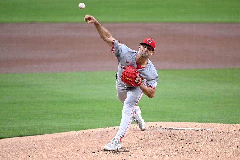 Apr 30, 2024; San Diego, California, USA; Cincinnati Reds starting pitcher Nick Martinez (28) throws a pitch against the San Diego Padres during the first inning at Petco Park. Mandatory Credit: Orlando Ramirez-USA TODAY Sports