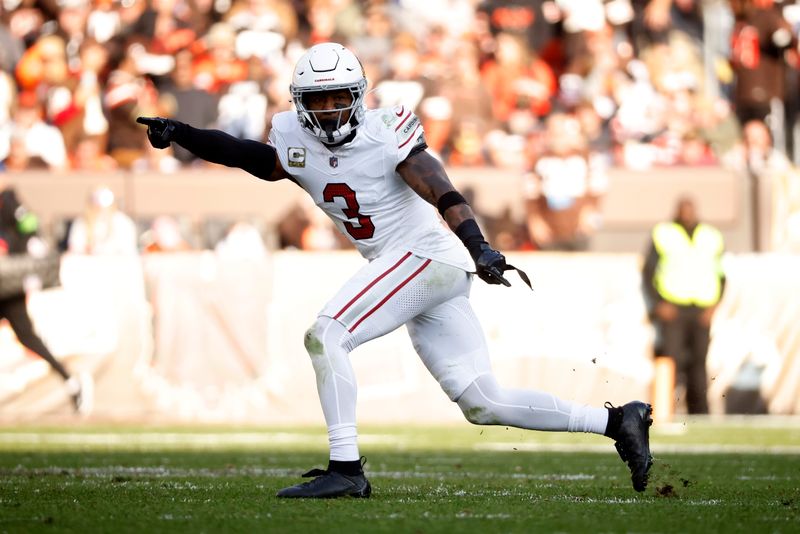 Arizona Cardinals safety Budda Baker (3) runs after the ball during an NFL football game against the Cleveland Browns, Sunday, Nov. 5, 2023, in Cleveland. (AP Photo/Kirk Irwin)