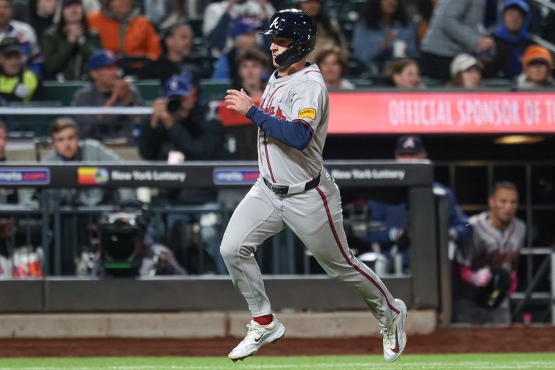 May 12, 2024; New York City, New York, USA; Atlanta Braves third baseman Zack Short (59) scores a run during the sixth inning on a single by designated hitter Marcell Ozuna (not pictured) during the sixth inning against the New York Mets at Citi Field. Mandatory Credit: Vincent Carchietta-USA TODAY Sports