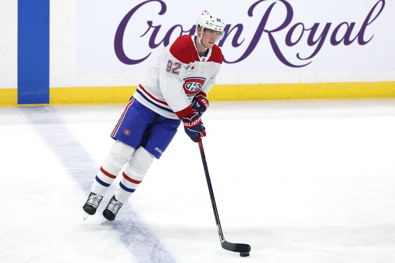 Dec 14, 2024; Winnipeg, Manitoba, CAN; Montreal Canadiens right wing Patrik Laine (92) warms up before a game against the Winnipeg Jets at Canada Life Centre. Mandatory Credit: James Carey Lauder-Imagn Images