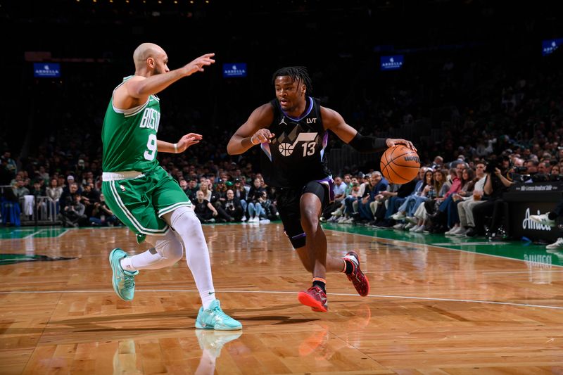 BOSTON, MA - MARCH 10: Isaiah Collier #13 of the Utah Jazz drives to the basket during the game against the Boston Celtics on March 10, 2025 at TD Garden in Boston, Massachusetts. NOTE TO USER: User expressly acknowledges and agrees that, by downloading and/or using this Photograph, user is consenting to the terms and conditions of the Getty Images License Agreement. Mandatory Copyright Notice: Copyright 2025 NBAE (Photo by Brian Babineau/NBAE via Getty Images)