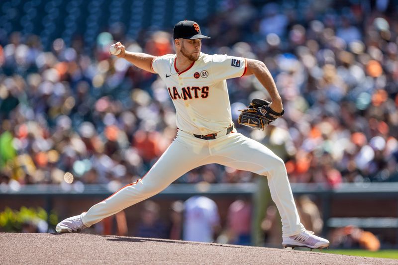 Sep 15, 2024; San Francisco, California, USA; San Francisco Giants pitcher Landen Roupp (65) throws a pitch during the first inning against the San Diego Padres at Oracle Park. Mandatory Credit: Bob Kupbens-Imagn Images