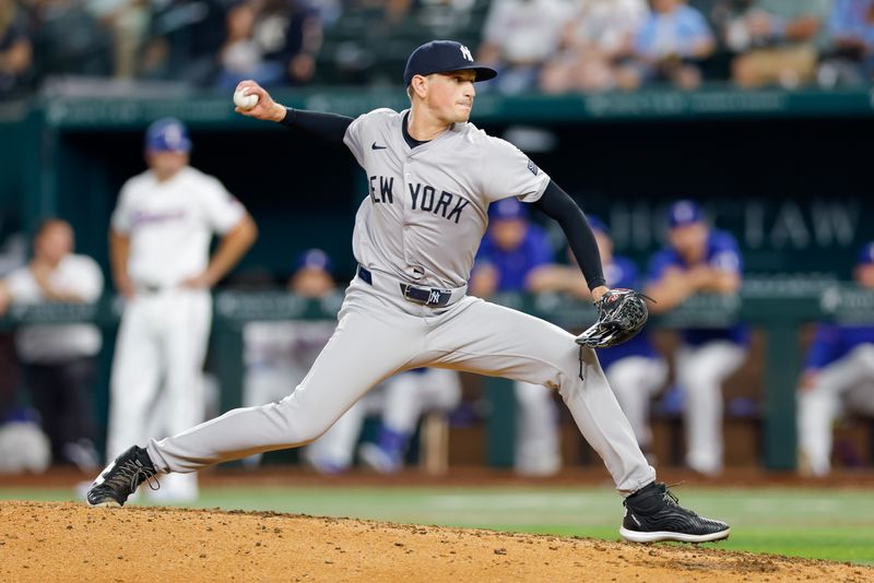 Sep 4, 2024; Arlington, Texas, USA; New York Yankees pitcher Phil Bickford (53) throws during the eighth inning against the Texas Rangers at Globe Life Field. Mandatory Credit: Andrew Dieb-Imagn Images